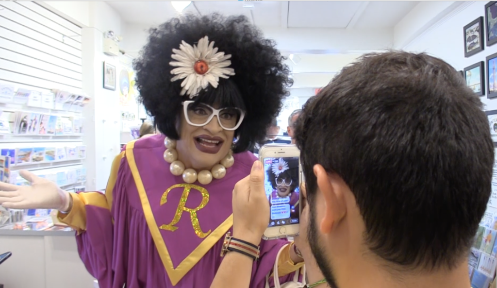 Queerguru film MISS RICHFIELD 1981 as she films FACEBOOK LIVE
