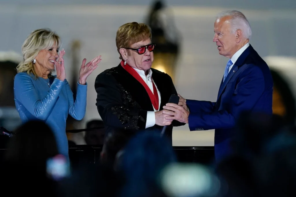 (A very surprised) Sir Elton John awarded The National Humanities Medal for all his work in the fight  against AIDS